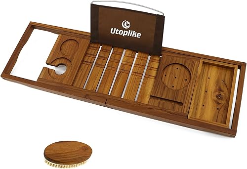 Utoplike Bandeja de baño de teca para bañera, organizador único de bañera con tableta, soporte para toallas de copa de vino, ajustable, para tu ser