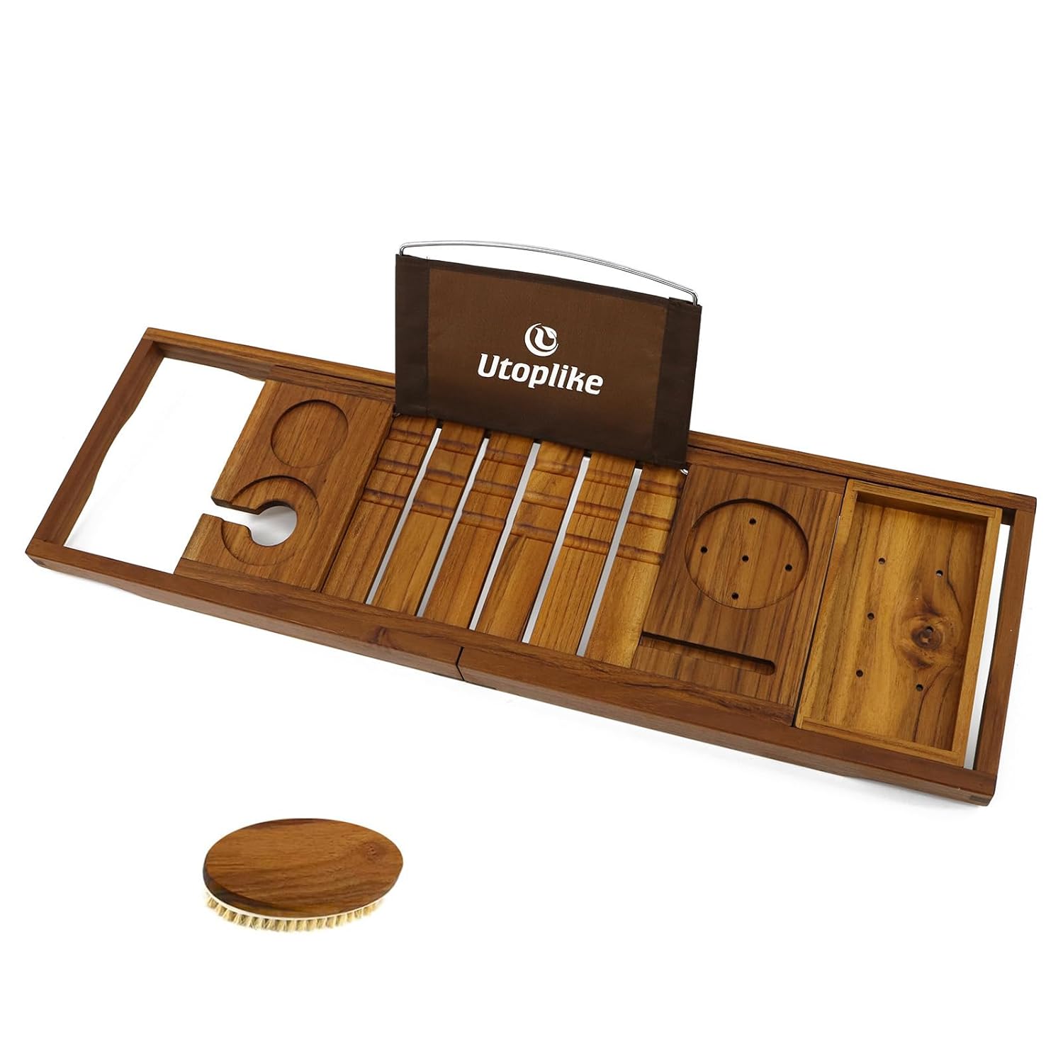 Utoplike Teak Bathtub Caddy Tray Bath Tray for Tub Unique Bathtub Organizer with Book Tablet Wine Glass Cup