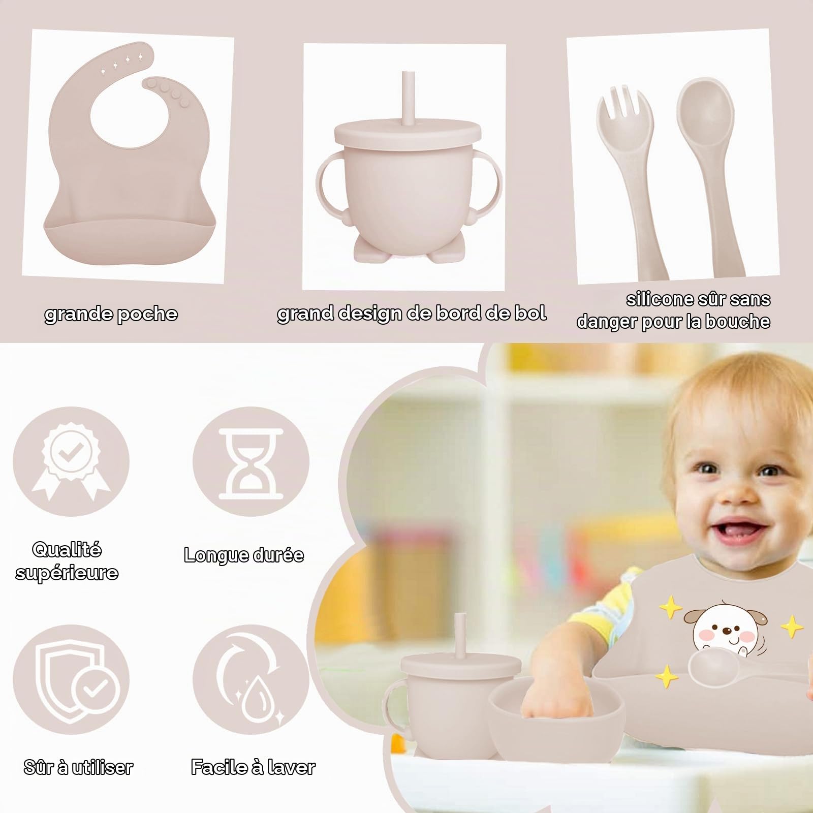 12 pièces Coffret Repas Bebe Silicone, Assiette bebe Set avec Ventouse Assiette Bol Fourche Cuillère Bavoir et Tasse, Enfant Set Couverts Vaisselle Pour Sevrage Manger (Beige)