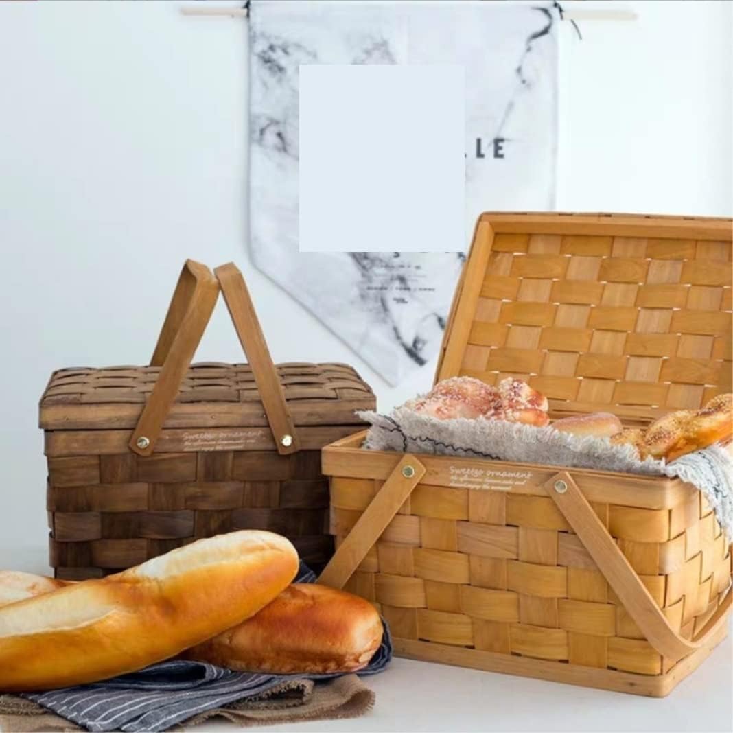 Rustic Picnic Basket, Picnic Basket Bread Baskets Hiking Storage Box Cake Table Decorating Food Photography Hand Basket for Outdoor Camping, 27cm*20*29cm, Brown