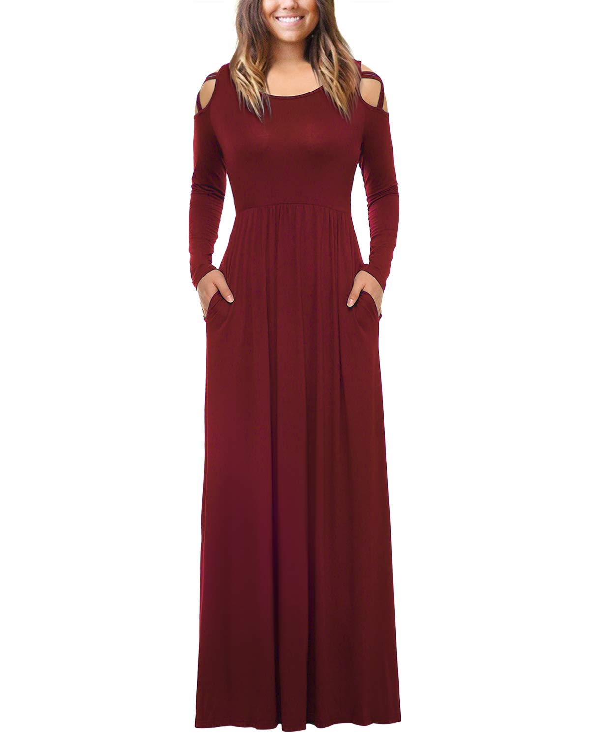 Womens Plain Maxi Dress Strappy Cold Shoulder Long Sleeve Dress Floor Length Dress with Pockets Burgundy