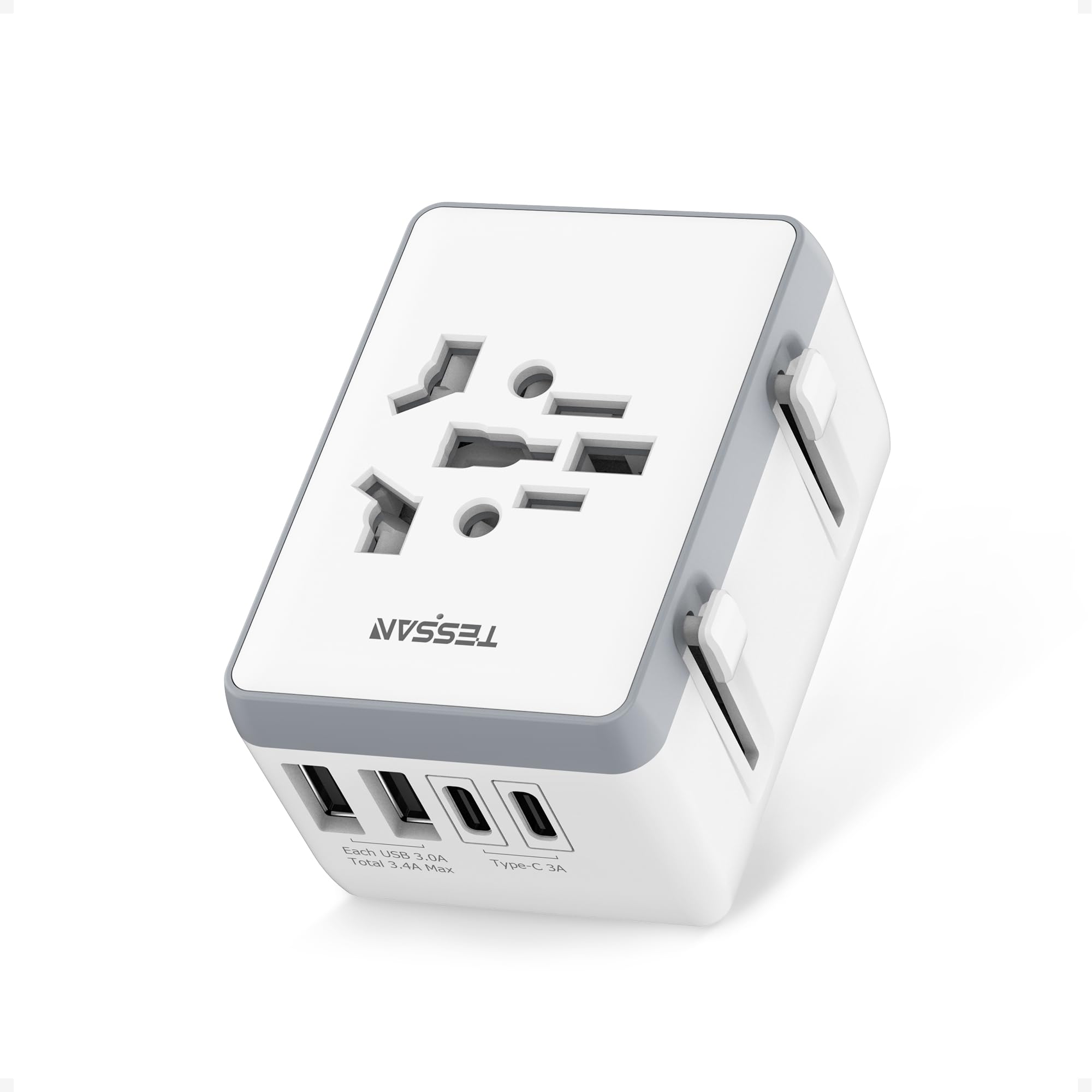 Tessan Gray Universal Travel Adapter With 2 Usb C And 2 Usb A, International Travel Plug Uk To World, Worldwide Essentials Plug Adaptor For Multi Countries Eu, Usa, Uk, Aus, Japan, Thailand, Vietnam