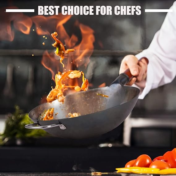 Teewe Carbon Steel Wok Traditional Hand Hammered - 13.4 Chinese Woks Round Bottom Wok Pan Set with 8 Pcs Cookware Accessories