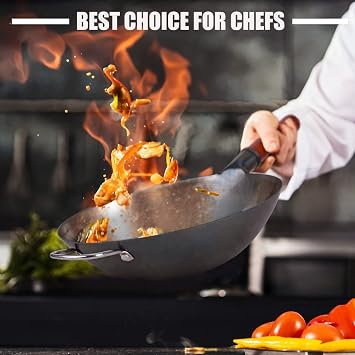 Teewe Carbon Steel Wok Traditional Hand Hammered - 13.4 Chinese Woks Round Bottom Wok Pan Set with 8 Pcs Cookware Accessories