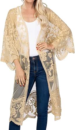 Bsubseach Women Mesh Lace Beach Kimono Cardigan