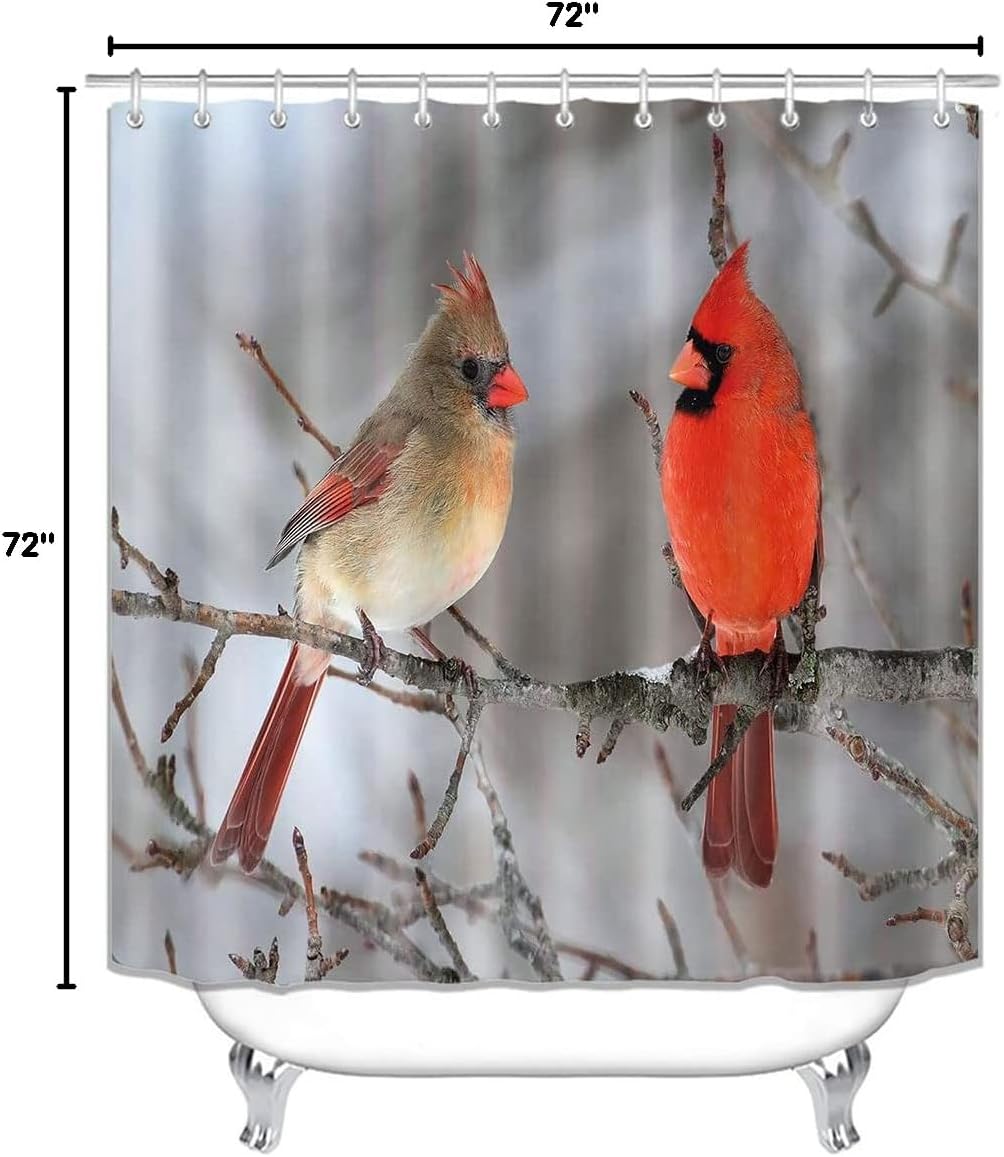 4PCS/Set Cardinal Shower Curtain, Yellow & Red Birds on Tree Branch Holiday Christmas Bathroom Decor, Waterproof Fabric Shower Curtain, Non-Slip Bath Rugs, Gifts for Bird Lovers, Bird Couple