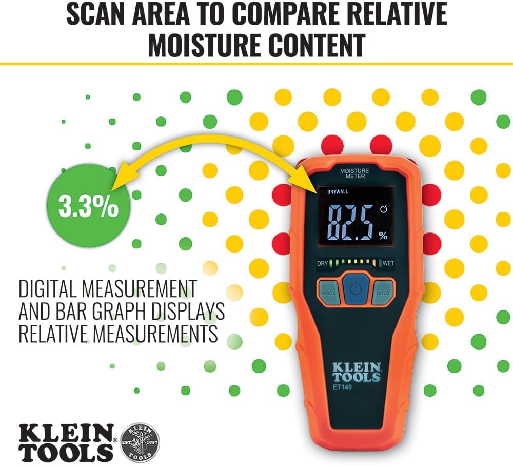 Klein Tools IR5 Dual Laser 12:1 Infrared Thermometer & ET140 Pinless Moisture Meter for Non-Destructive Moisture Detection in Drywall, Wood, and Masonry; Detects up to 3/4-Inch Below Surface
