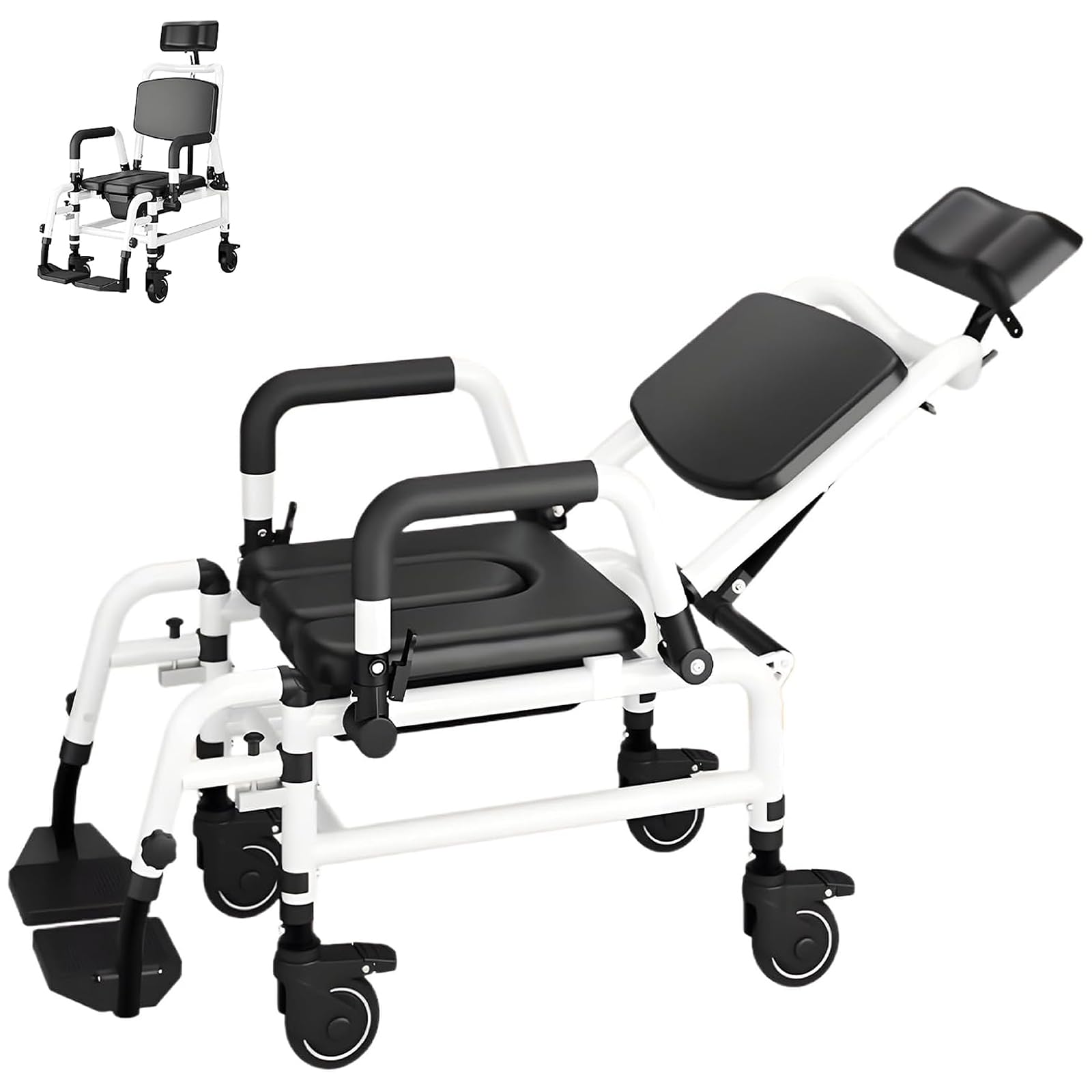 Silla WC Personas Mayores, Silla de Ducha con Ruedas Multifunción, Reposapiés Plegable, Asiento Ajustable y Respaldo Ajustable, Apto para Adultos Mayores, Postoperatorios y Personas con Discapacidad