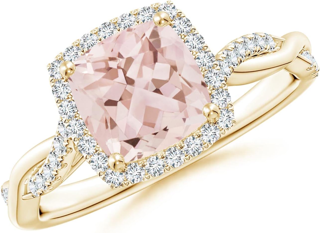 Angara Natural Morganite Engagement Ring for Women | Twisted Shank Cushion Morganite Halo Engagement Ring in Yellow Gold | April Birthday, Gemstone Jewelry Gift | AAA | 7mm | Ring Size- 6