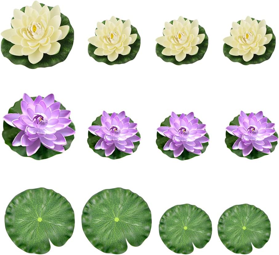 JIHUOO 12 Pcs Artificial Foam Lotus Flowers and Leaves Water Lily Flower Pad Artificial Floating