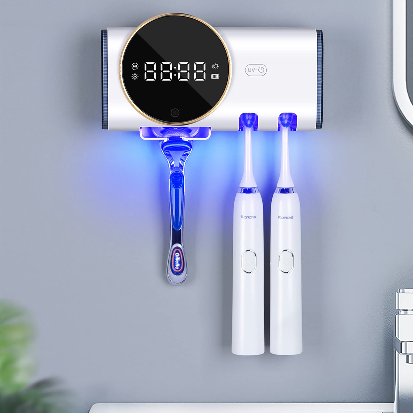 Porta Cepillo de Dientes, Soporte Cepillo de Dientes con Afeitadora Función Esterilizador y Secado, LED Dispensador Pasta Dientes, Organizador Baño USB Recargable, Blanco