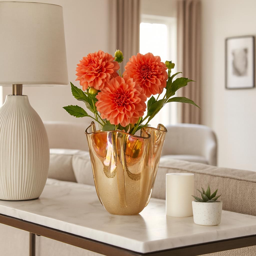 Elegant Glass Vase for Living Room and Home Decor - Decorative Flower Vase for Dining Room, Bedroom, and Office Display - Contemporary Sculpted House Accent for Hallway Table Decor - 9", Tan