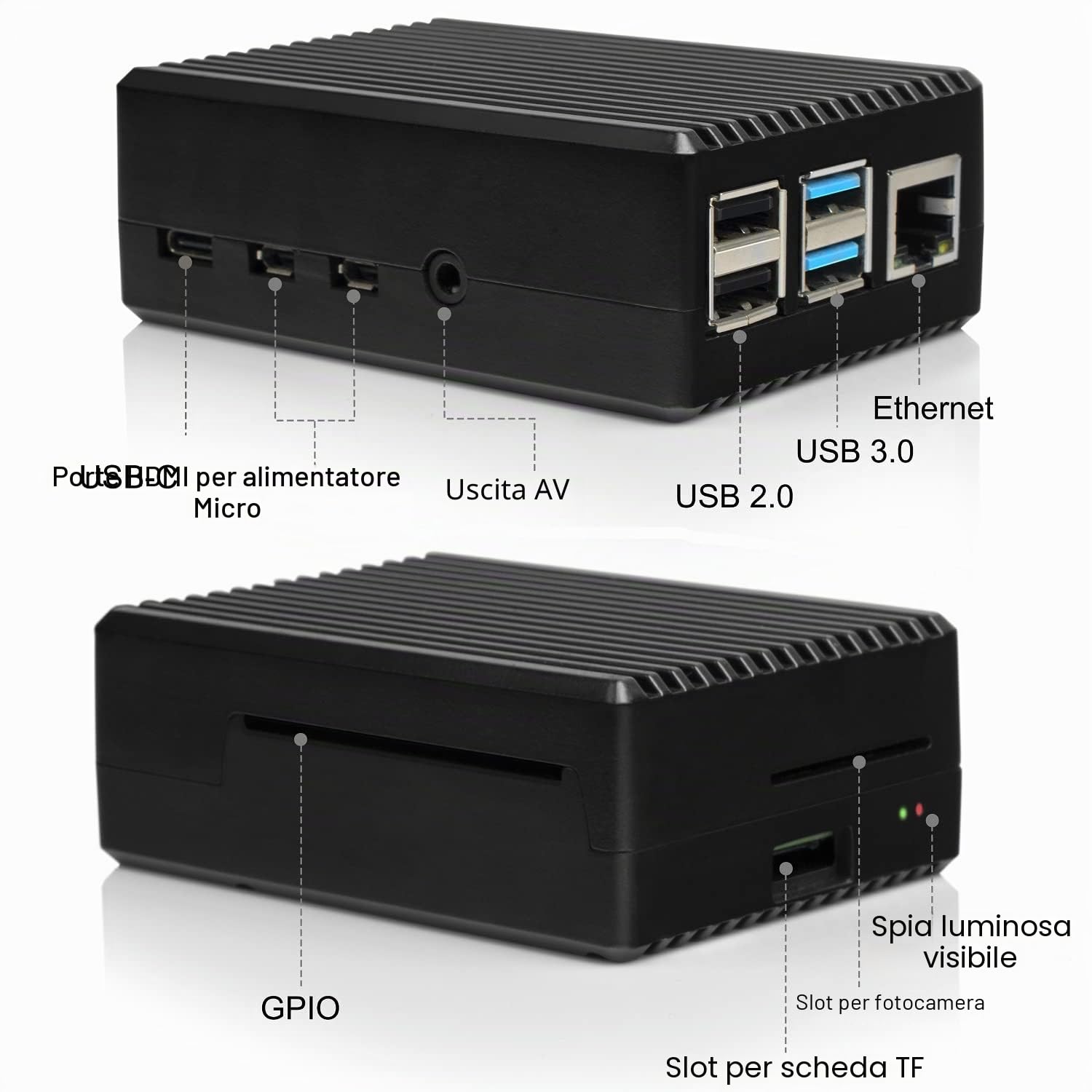 Case per Raspberry pi 4 in alluminio, alimentatore di rete USB-C da 5 V 3 A, Custodia per Raspberry Pi 4 modello B con dissipatore di calore passivo, Compatibile con Raspberry Pi 4B 8GB/4GB/2GB