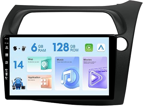 6GB+128GB 9inch IPS Android 14 Car Stereo Head Unit Fit For Honda Civic Hatchback 2005-20116- 2 Din Radio Camera&Microphone - Support DAB+ /Mirrorlink/USB/WiFi/Bluetooth/Carplay/GPS Navi