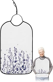 Adult Bibs for Elderly Women - Navy Blue Floral Waterproof Dining Clothing Protectors with Crumb Catcher for Eating/Feeding, Pastoral Spring Botanical Dragonfly Summer Flower Terry Cloth Bib Washable