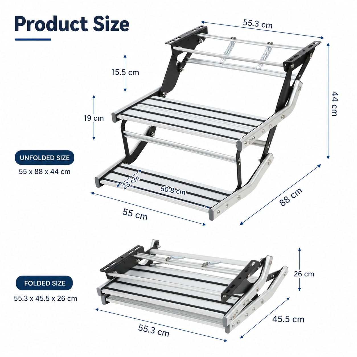 Gradino per roulotte, 2 gradini, pieghevole, in lega di alluminio, estensibile, antiscivolo, fino a 200 kg, 55 x 88 x 44 cm, aiuto per l'ingresso per roulotte, barca, yacht