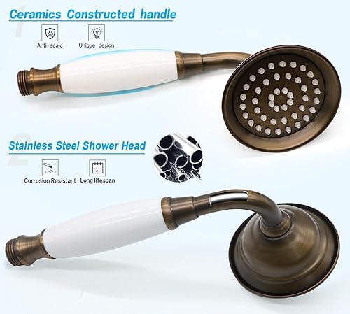 Miniatura 4 de ENGA Rociador de lluvia de mano vintage con forma de teléfono de cerámica con manguera de 59 pulgadas para baño (bronce retro)