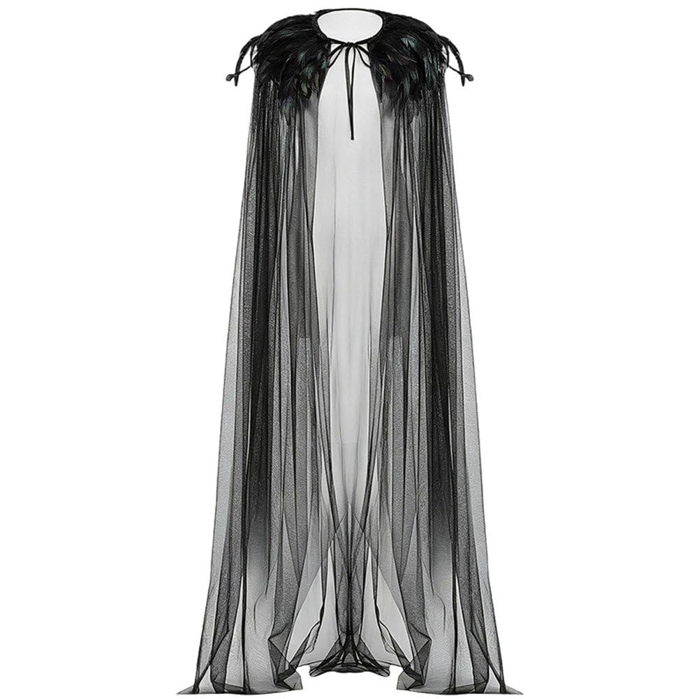 Sslvya Gothic Feather Cloak Tulle Cape with Feather Collar Cloak Witches Cape Halloween Cosplay Costume Props