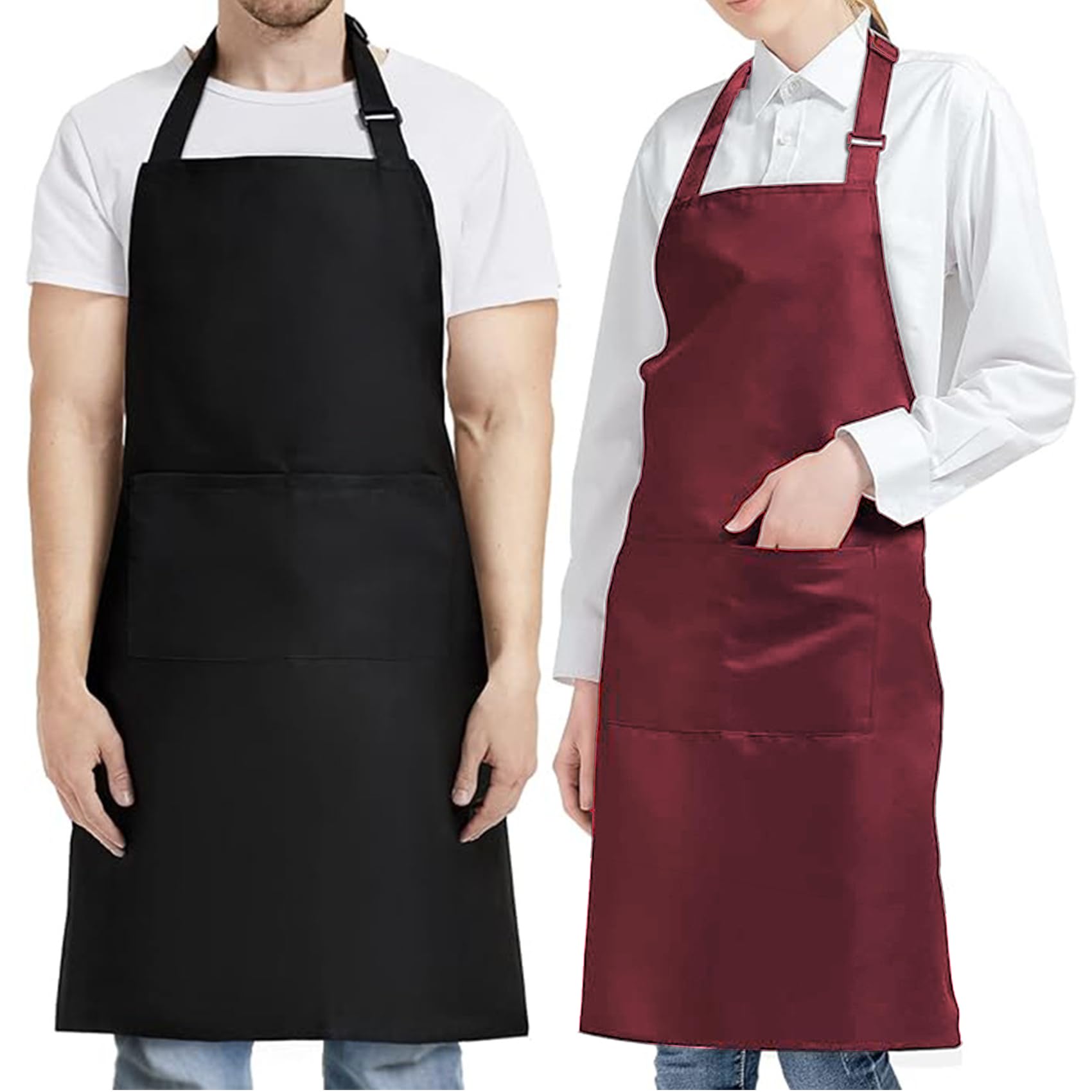 Yolistar 2 Piezas Chef Delantal,Delantal Impermeable con 2 Bolsillos,Delantal Cocina para Mujer y Hombre para el Cuello Ajustable, para Cocinar, Restaurante, Barbacoa, Pintar(negro y rojo)