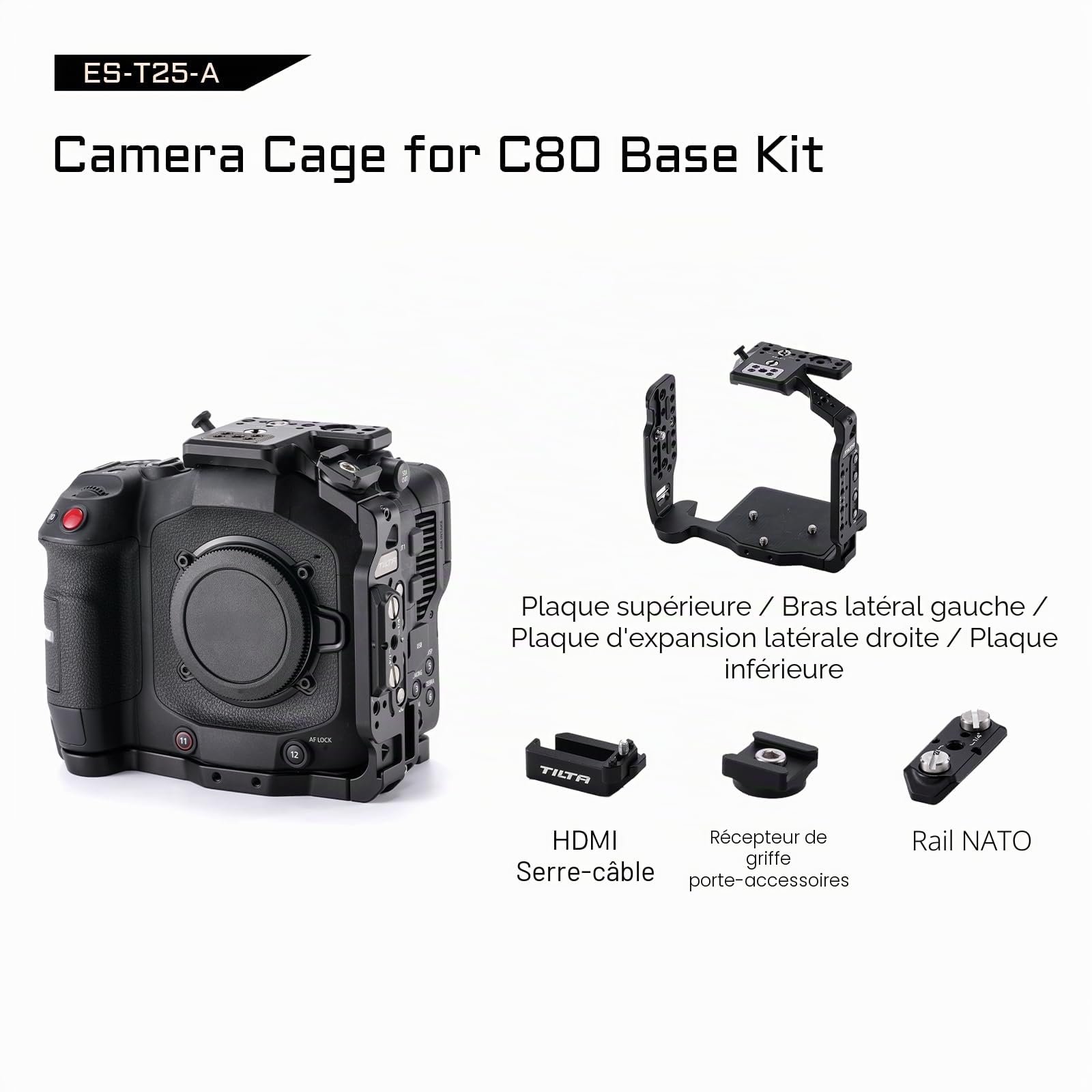Tilta C80 Cage, Kit de Base pour Cage à Caméra Compatible avec la C80 avec Plaque Supérieure, Bras Latéraux, Fixation pour Rail NATO, Pince pour Câble HDMI ES-T25-A