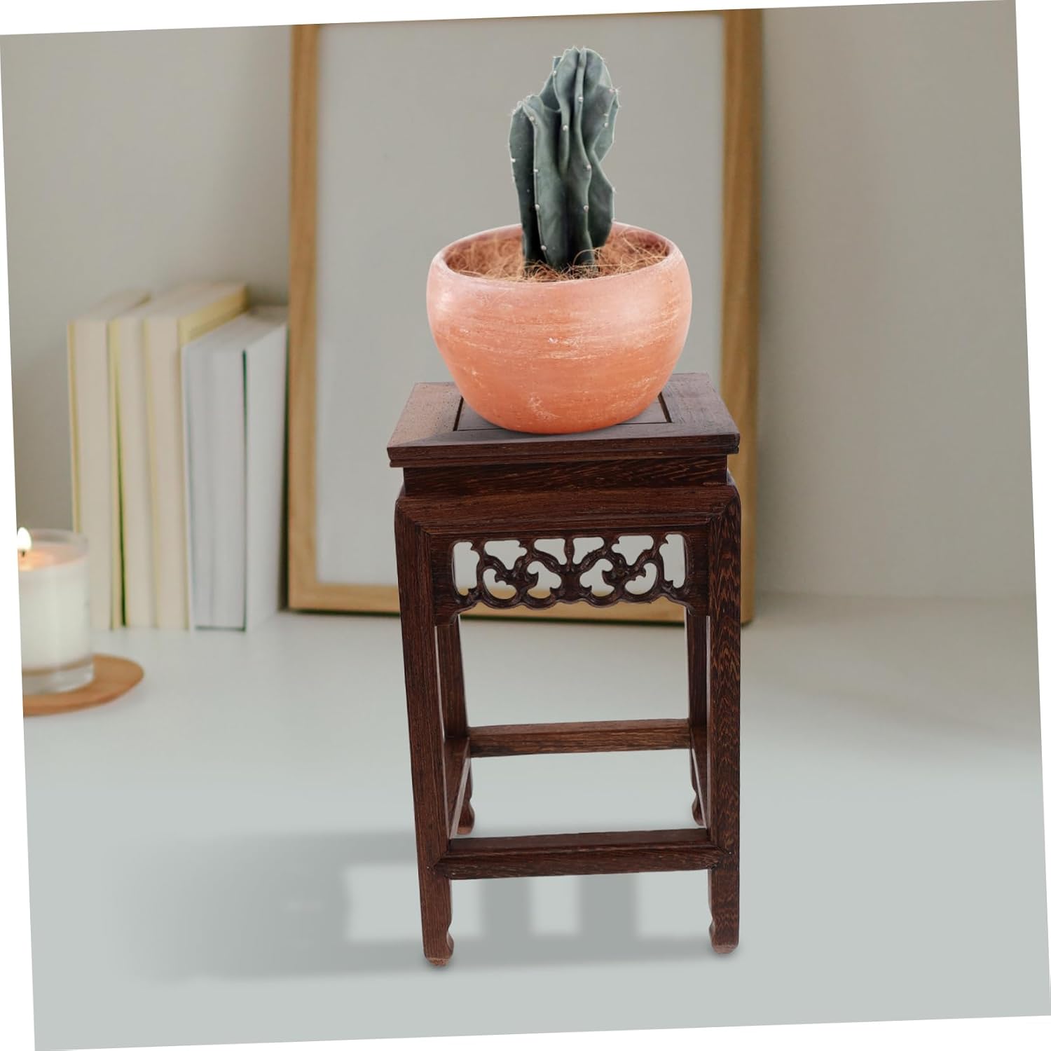 Jade Carving Bottom Pot Scene Flower Pot Rack Single Plant Stand Indoor Outdoor Decor Wooden Stool Stool Display Stand Wood Jade Carvings Strange Stone Ornaments