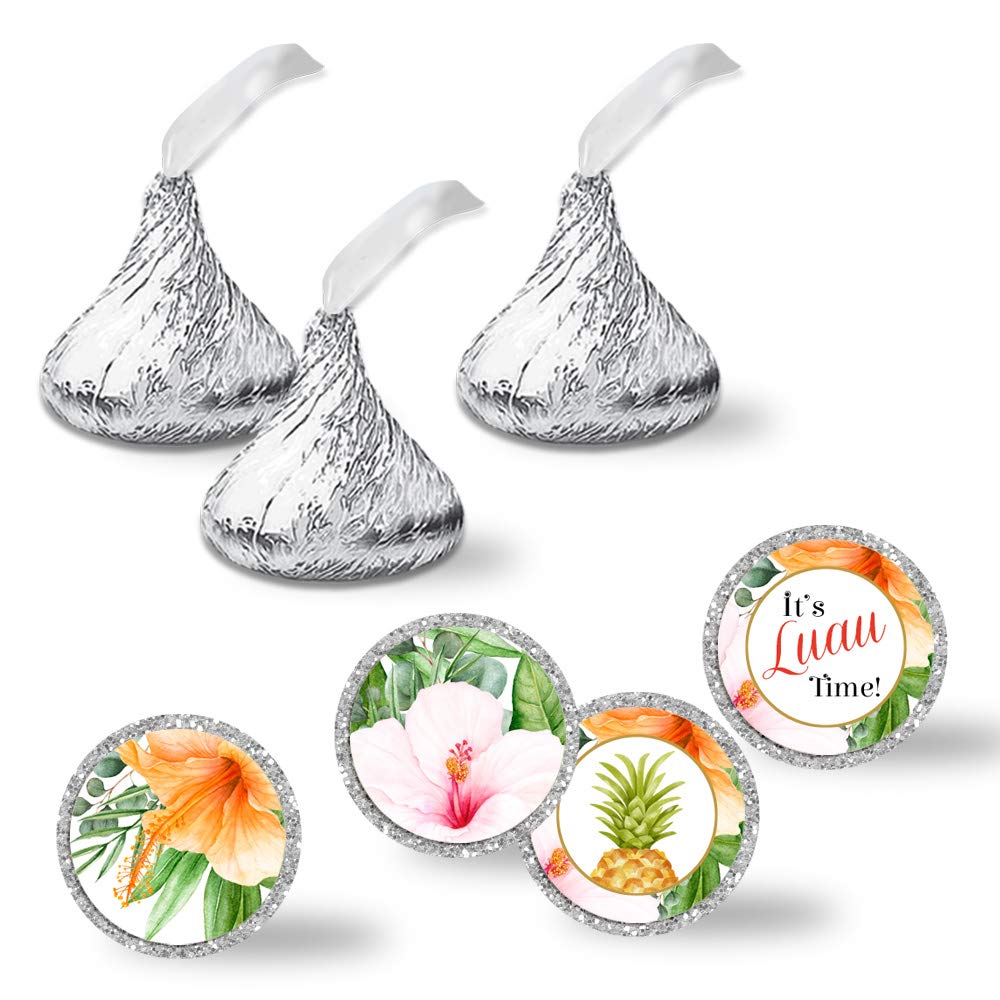 Tropical Flowers Pineapple Aloha Birthday Party Kiss Sticker Labels, 300 Party Circle Sticker sized 0.75** for Chocolate Drop Kisses by