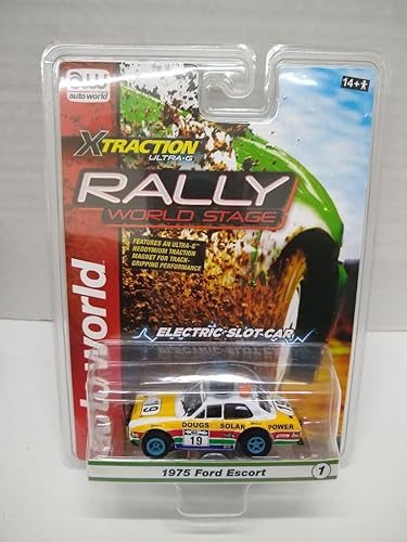 Auto World SC393-1B Rally World Stage 1975 Escort HO Scale Coche de ranura eléctrico - Blanco, Amarillo, Rojo, Verde, Azul