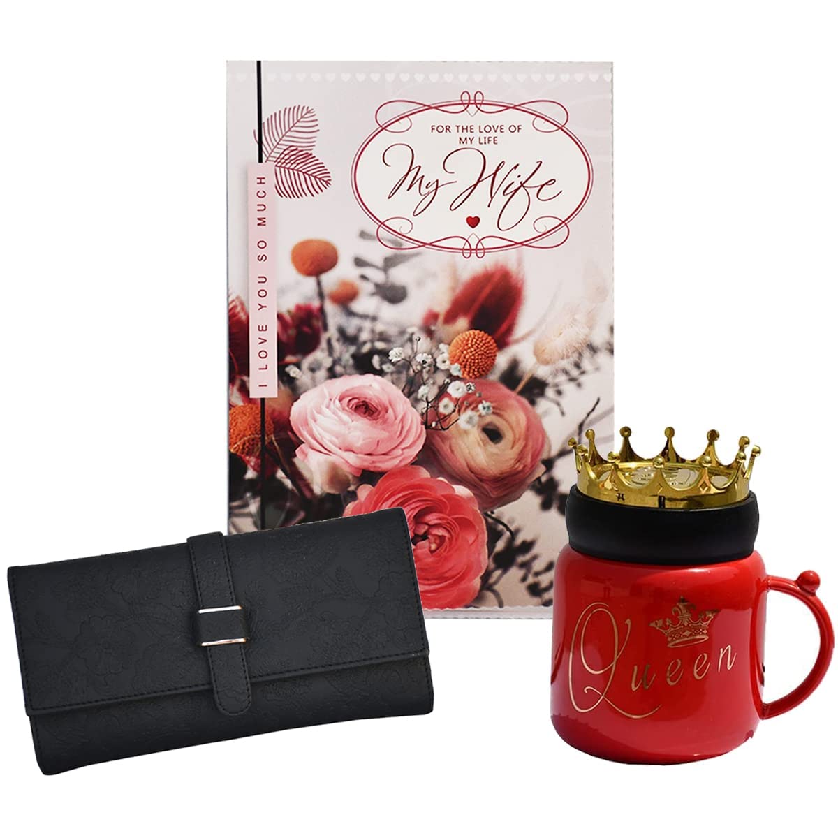 Saugat Traders Birthday Gift for Wife - Greeting Card, Queen Coffee Mug with Crown Lid and Women Hand Wallet/Clutch - Best Gift