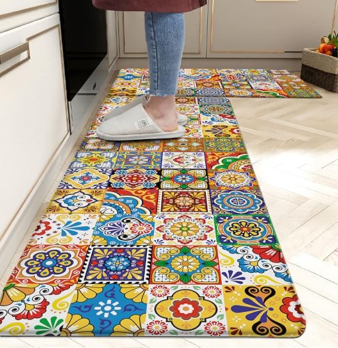 Boho Kitchen Rugs Set 2 Memory Foam Colorful Ceramic Comfort Tile Floor Mat Anti Fatigue Non-Skid PVC Runner Rug Water & Oil Proof Carpet for Kitchen Laundry Sink,17.3x28+17.3x47 Inch, C2