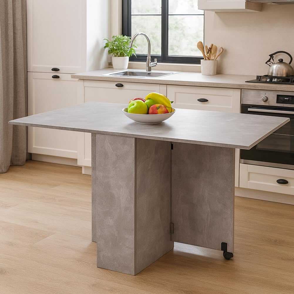 BAKAJI Tavolo da Pranzo Salvaspazio Cemento, Scrivania Pieghevole Richiudibile Allungabile con Libreria 2 Scomparti Ripiani a Scomparsa e Ruote, Design Multiuso Moderno 140 x 75 x 74 cm