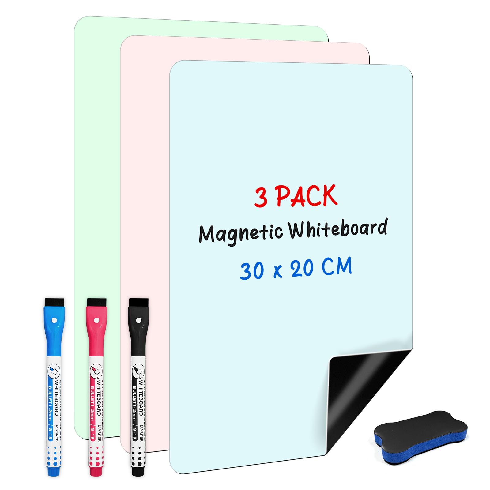ANLIOTE 3 Pack Magnetic Whiteboard for Fridge 30 x 20 cm - Colourful Magnet Sheet - Easy to Write & Clean, Includes 3 Markers & Eraser for Home, Kitchen, Office, Dorm, Grocery List, Daily Planner