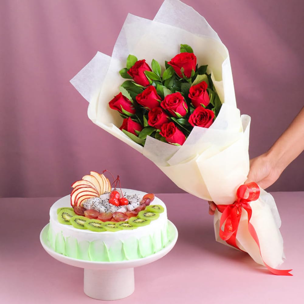FlowerAura Premium Combo of Fresh Live 12 Red Roses Flower Bouquet With Delicious 500g Mix Fruit Cake For Birthday | Anniversary | Valentine's Day | New Year | Christmas (Same Day Delivery)-image-17