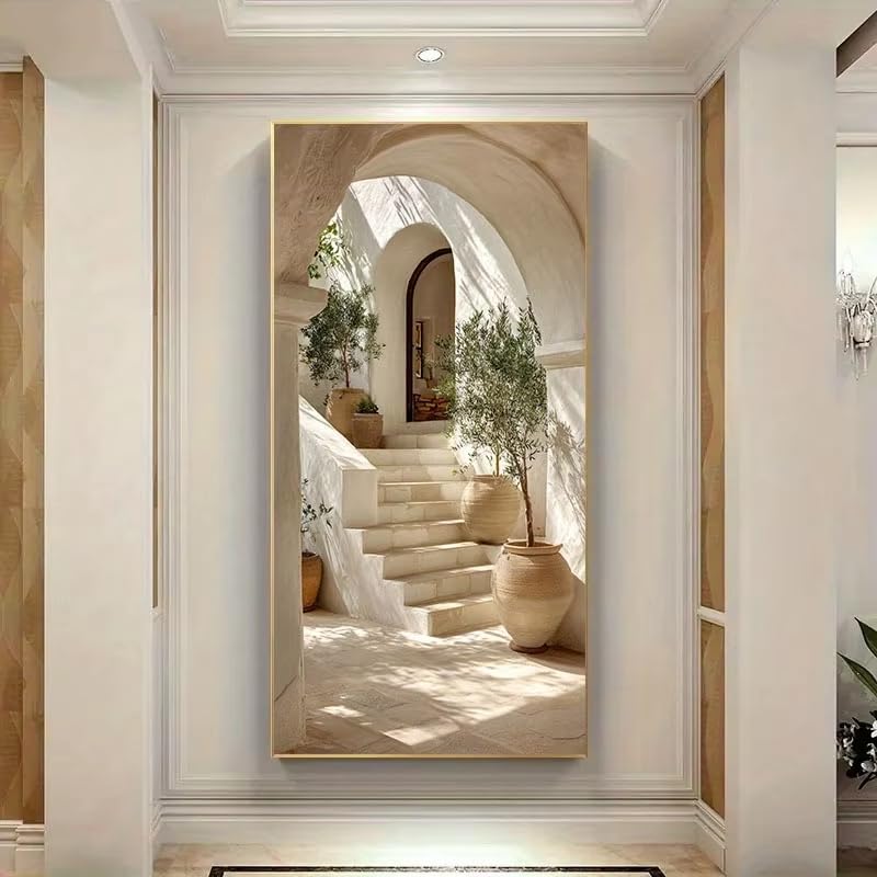 Lienzo con diseño de olivo mediterráneo de gran tamaño y escalones, moderno paisaje isleño en beige y blanco, póster artístico para pared para decoración del hogar 100x200cm/39x79in Sin marco