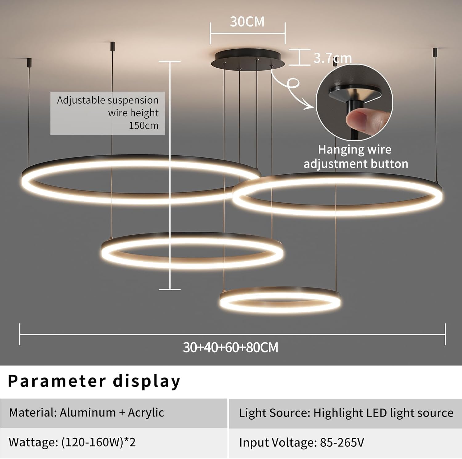 MADISH Modern Ceiling Chandelier Light, with Remote Control Dimmable 3 Color Mode & Brightness Ceiling Lamp, Anti-Flicker Dining Light Fixture for Kitchen, Dining Room(Black)