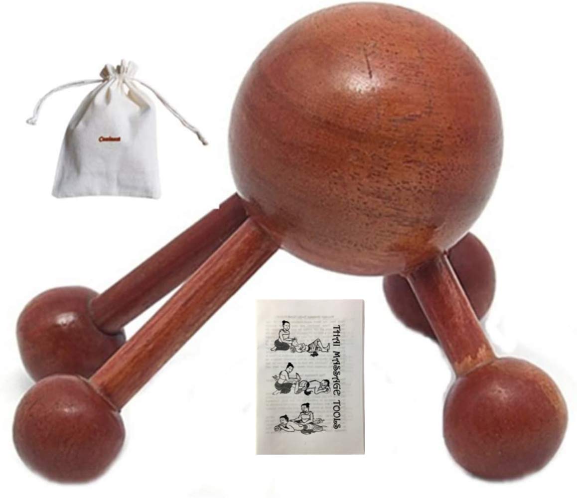 Cozinest 4 Legs Ball Spider Massager Handheld Stick for Shoulder, Back & Full Body Thai Wooden Trigger Point Reflexology Massage Tool w/Cloth Bag and Massage Manual