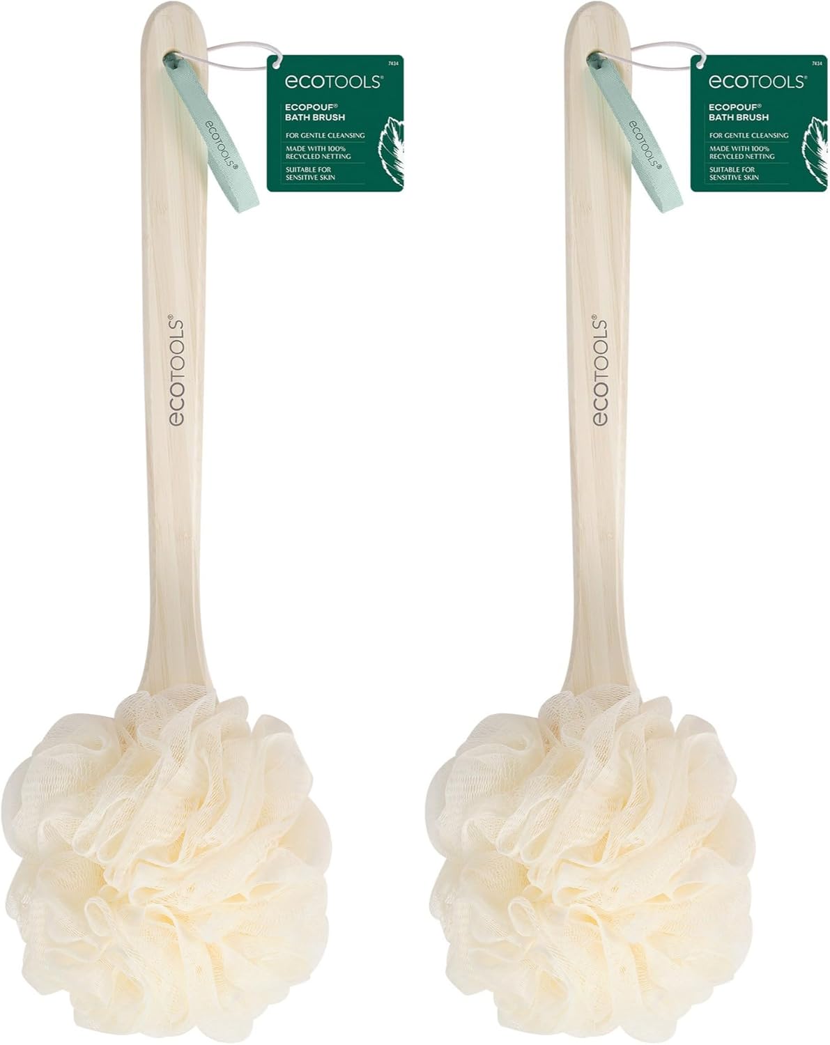 EcoTools EcoPouf Long Handle Bath Brush 2-Pack: Recycled Loofah for Gentle Exfoliation, Eco-Friendly Back Scrubber for Shower & Bath