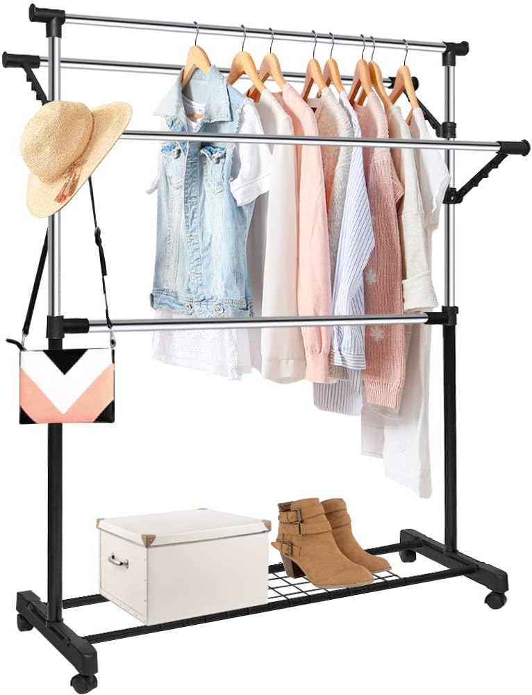 Clothing Garment Rack Adjustable Rolling Commercial Grade Heavy Duty Clothing Steel Extendable Hanger Drying Rack Organizer with 16 Hanger Holes Storage Shelf with Wheels for Boxes Shoes Chrome