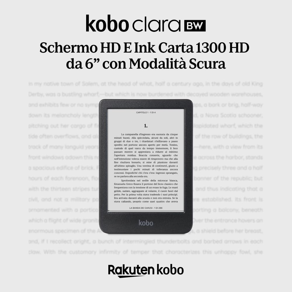 Kobo Clara BW | eReader | Display antiriflesso HD in bianco e nero E Ink Carta 1300 da 6” | Modalità Scura| I Audiolibri | Impermeabile | Nero