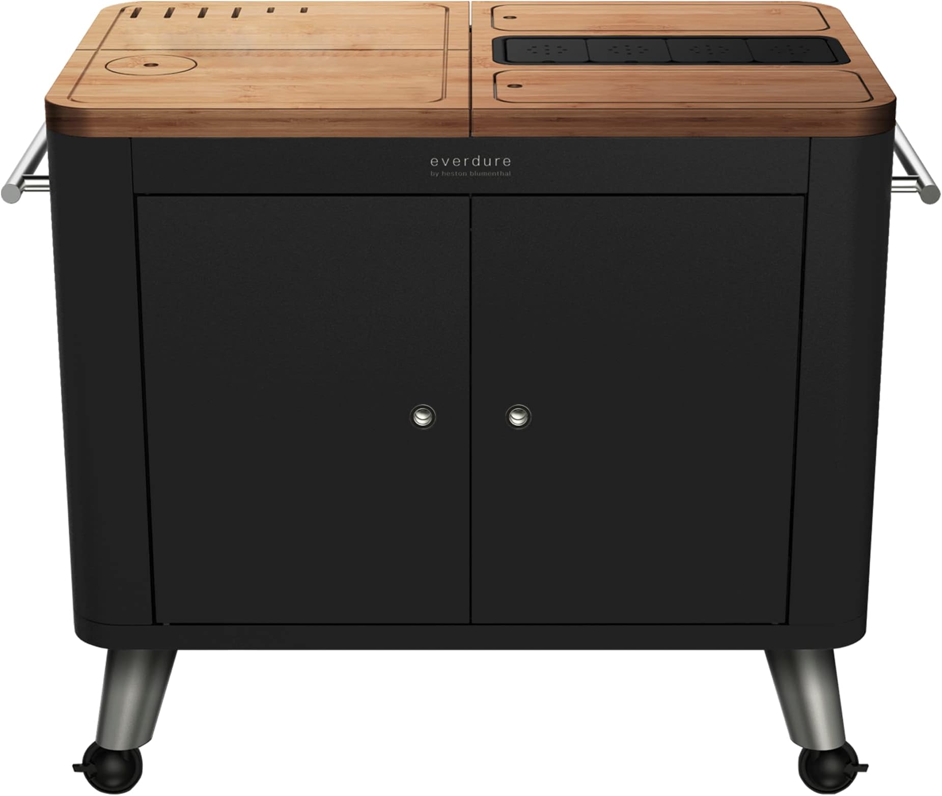 Everdure Mobile Prep Kitchen, 40-Inch Indoor/Outdoor Kitchen Island, Rolling Cart with Lockable Wheels, Equipped with Built-in Cutting Board and Serving Trays, Matte Black