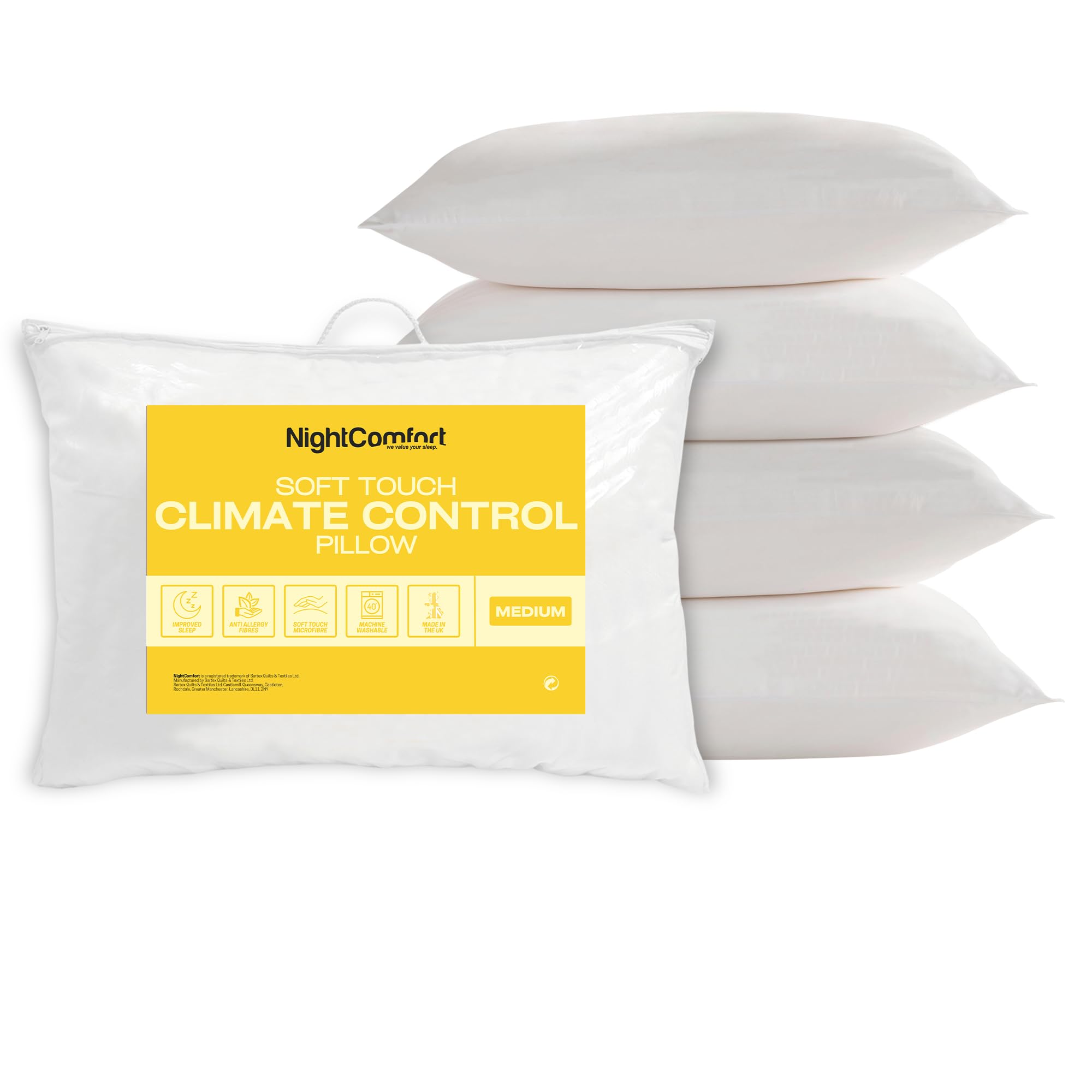 Night Comfort Pack Of 4 Climate Control Anti-Allergy White Pillow – Soft Touch Hypoallergenic Breathable Medium Support Pillows For Back Sleepers Filled With Bouncy Hollowfibre (46Cm X 74Cm)