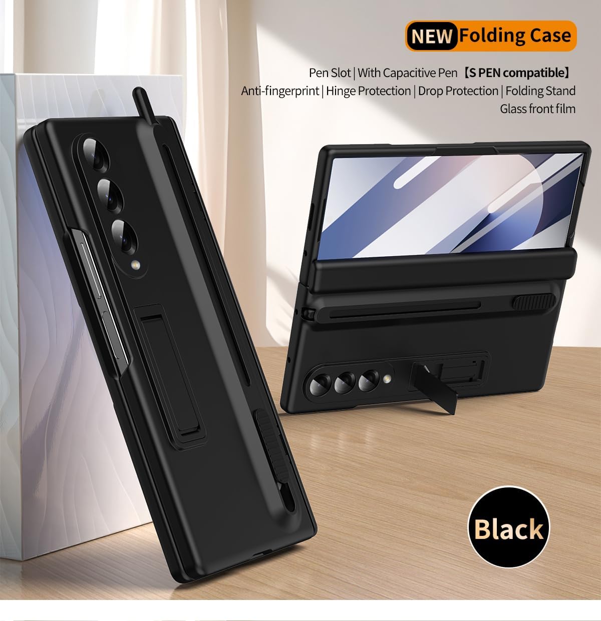 NINKI for Samsung Galaxy Z Fold 4 Case with S Pen Holder and Stylus & Invisible Kickstand, Full Body Hinge Built-in Screen Protector Fold4 Phone Cover for Samsung Z Fold 4 Case with S Pen Slot – Black image 4
