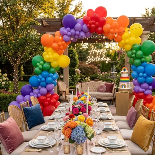 Image of RUBFAC 135pcs Rainbow Balloons, Latex Colorful Balloon Different Sizes 18 12 10 5 Inch for Garland Arch Birthday Party Decorations