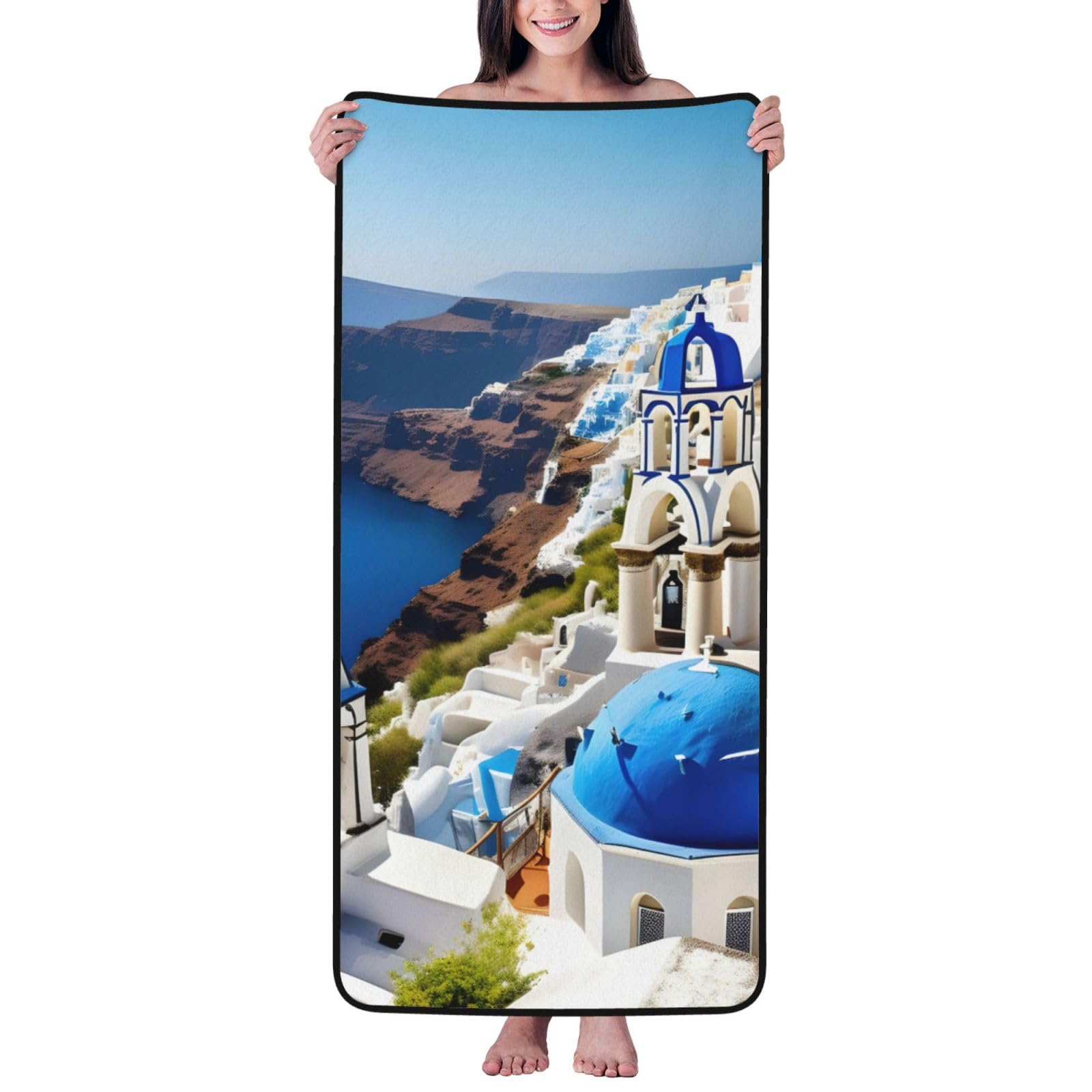 Ztpowqa Women's Black Greek Island Sea View Print Coral Velvet Bath Towel For Home Gym Lounging Bathroom Spa Hotel Beach Travel