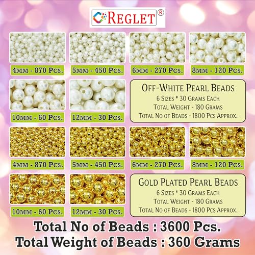 Image of 1800 Pcs Golden & 1800 Pcs Off White Pearl Beads for Jewellery Making Kit - Plastic Beads for Bracelet Making Kit - Pearls for Craft - Sizes 4, 5, 6, 8, 10, 12MM - 360g