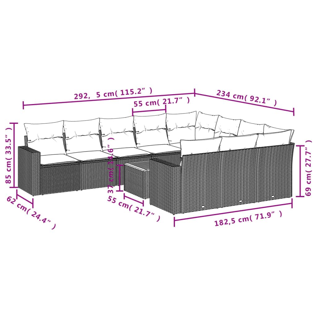 Juego de sofá cama, sofá para exterior, moderno, sofá para jardín, sofá, salón, exterior, decoración, juego de sofás de jardín de 11 piezas con cojines de polirratán negro ga