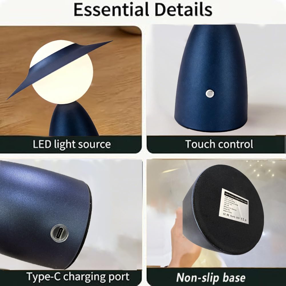 Lampe mit Hut Tischlampe Touch Dimmbare LED Akku Tischleuchte Kabellos Pilz Lampe Art Deco Nachttischlampe USB Aufladbar Hut Lampe Tragbar Schreibtischlampe für Restaurant Bar Büro Esstisch,Blau