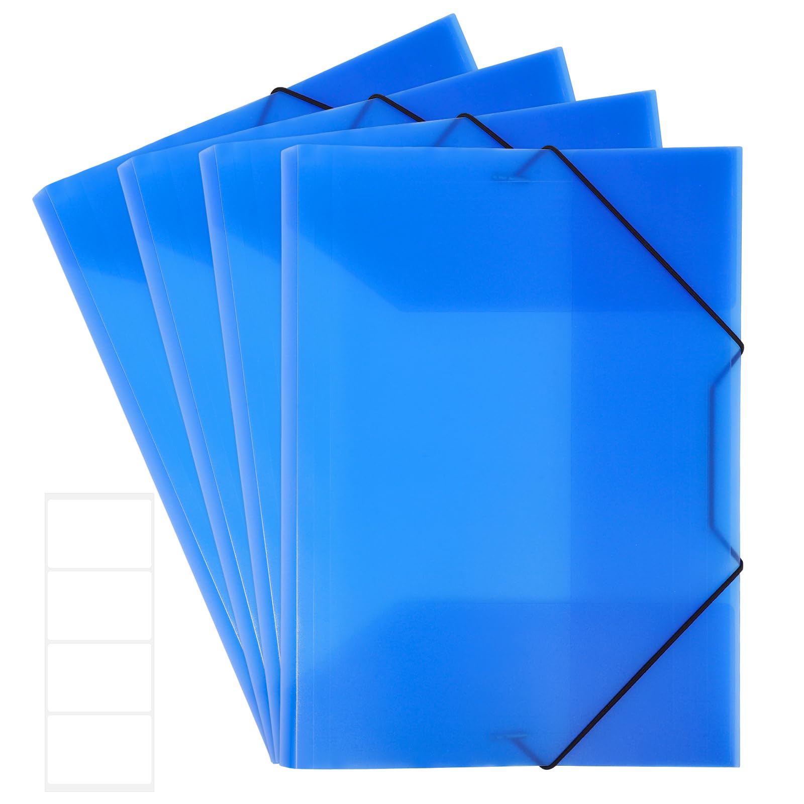 4 Stück Sammelmappe A4, Postmappe aus Kunststoff Transluzent Eckspannermappe mit Gummizug und Innenklappen Dokumentenmappe für Schule Büro Zuhause (Blau, mit Aufkleber)