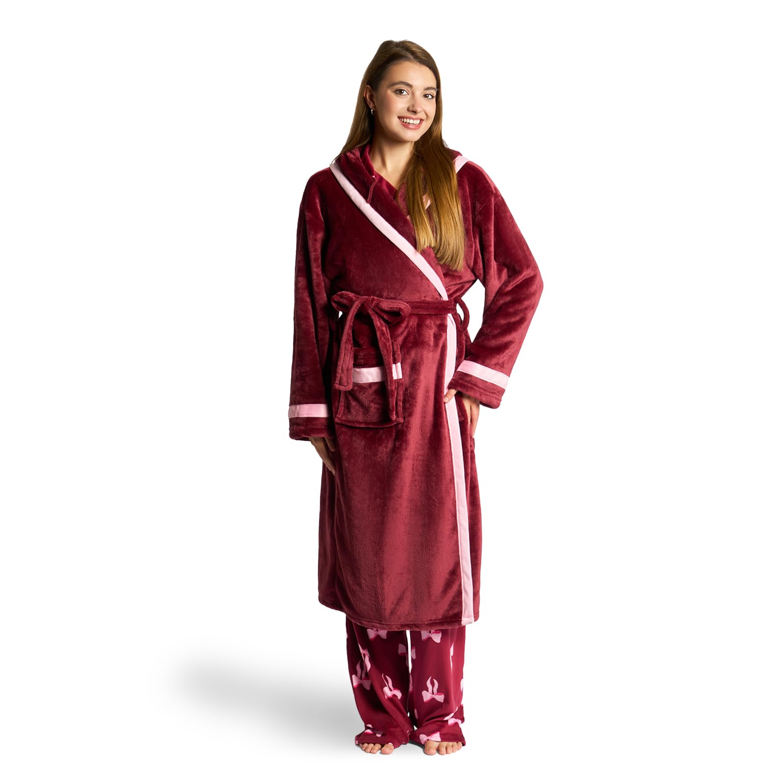 Ohs Women's Burgundy/Pink Dressing Gown Super Soft Warm Flannel Fleece Hooded Bathrobe Full Length Comfortable Cosy Dressing Gowns For Sleepwear Loungewear,