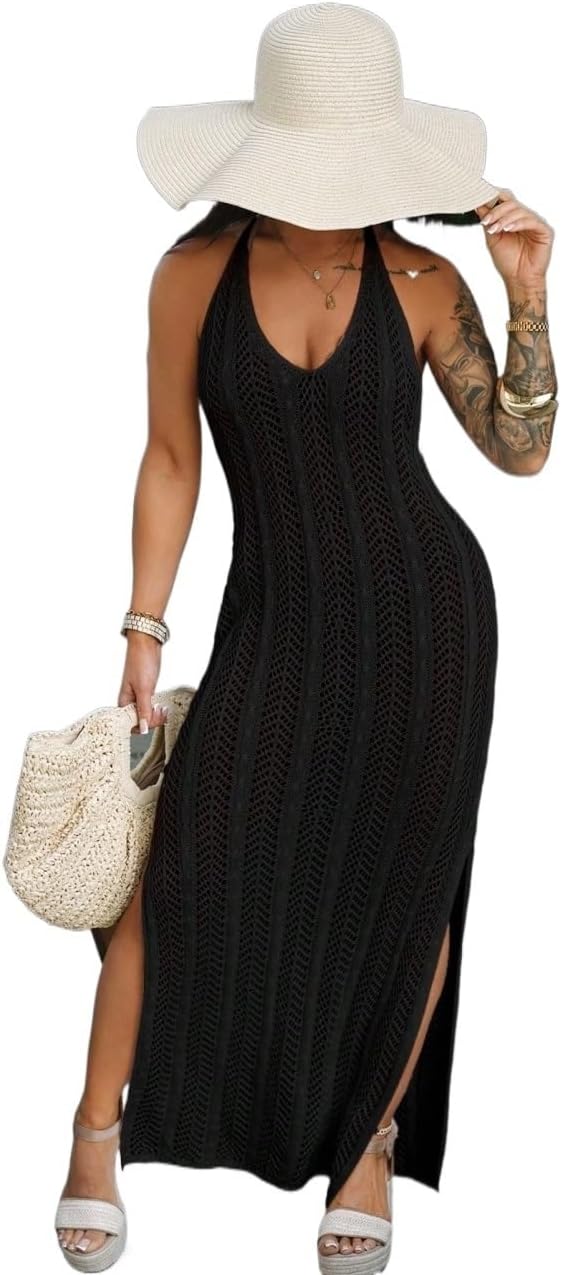 Womens Summer Beach Backless Halterneck Cover Up With Tie Waist cover ups for swimwear