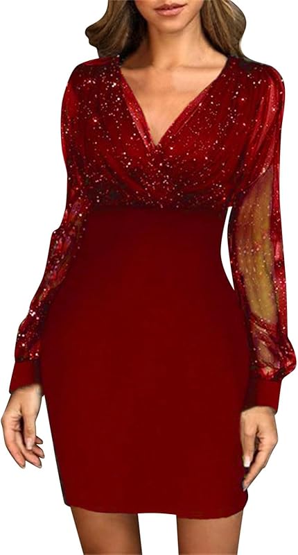 Générique Femme Élégante Col en V Manches Longues Robe Paillettes Mini Robe de Soirée Mariage Cocktail Chic Cérémonie Robes Cocktail Mini Shirt Robe #1